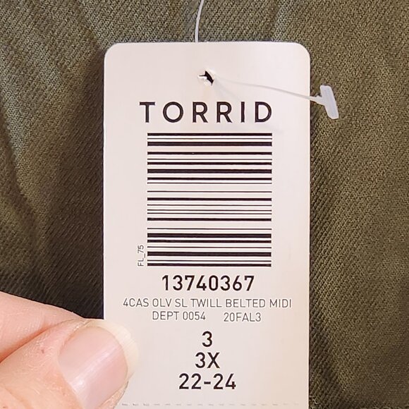 Torrid Size 3 (22/24W) Olive Green Twill Sleeveless Midi Belted Dress NWT - Picture 13 of 16